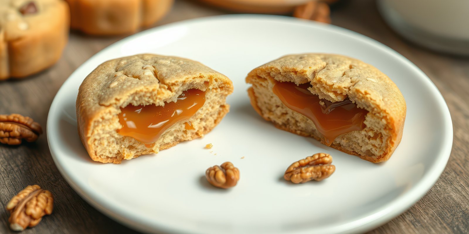 Delicious dessert showcases soft caramel filling surrounded by a golden pastry on a simple plate